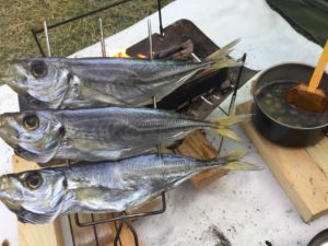 アジの干物をスピットで焼く