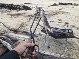 ファイアプレイストングで流木を掴む