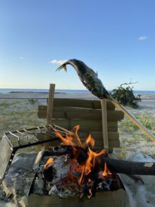焚き火で魚を焼く