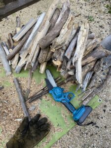 チェーンソーで切った流木