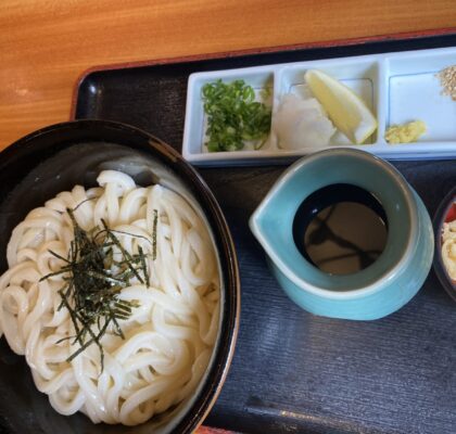 山田家のひやしぶっかけ大盛り。最初は出汁をかけるだけで食べて徐々に薬味を足していただきたい