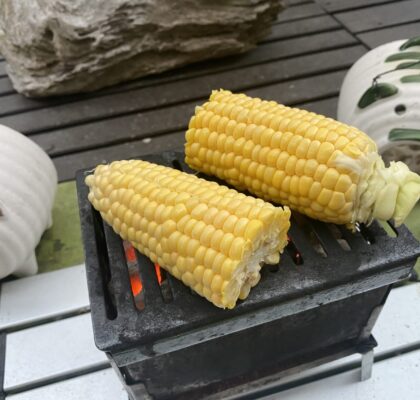 B-6君でトウモロコシを焼く